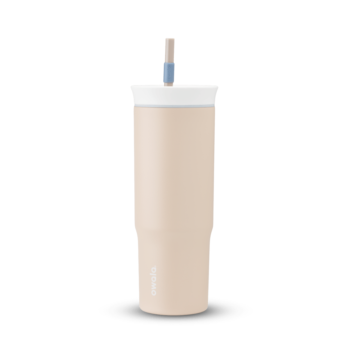 24oz Tumbler in Dune Drifter; matte sand-beige insulated tumbler with white lid, light gray accent ring, and tan straw with dusty blue grip, Owala wordmark on front