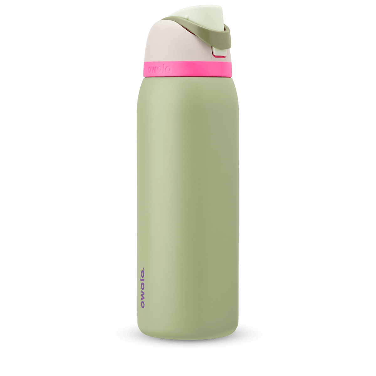 FreeSip 40oz in Neo Sage, sage green body with hot pink accent band, cream lid, sage green carry loop, and mint green flip cap