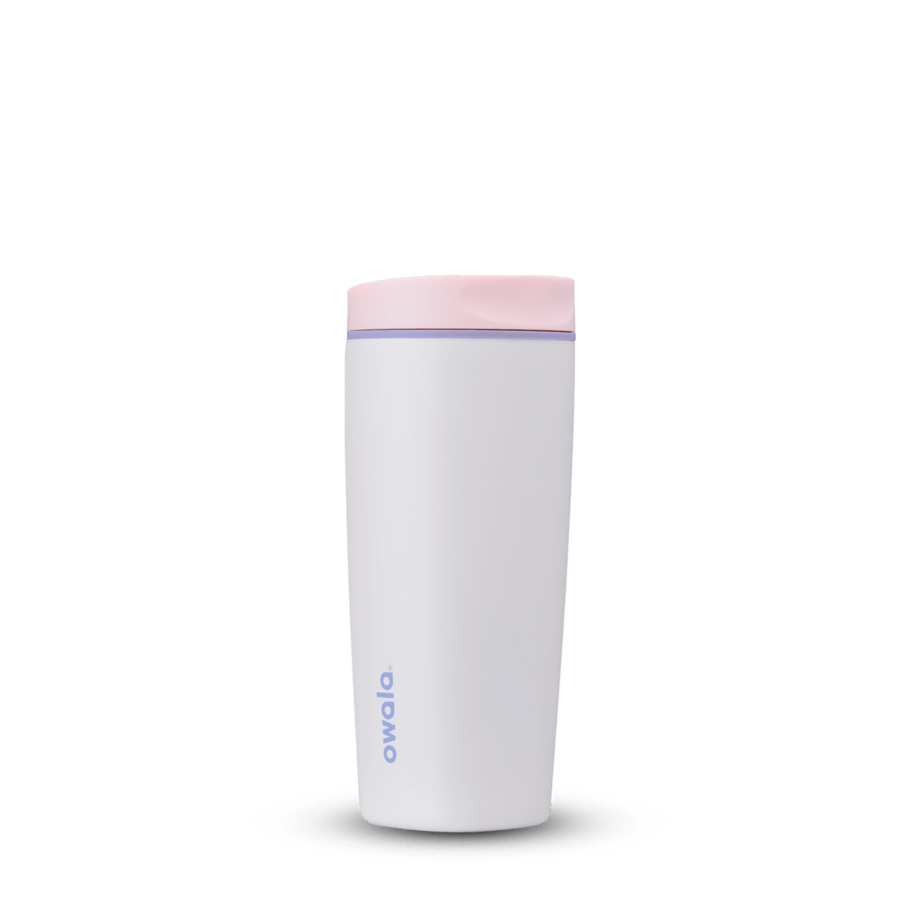 SmoothSip Slider 20oz, white body with light pink slider button, lavender accent ring, and lilac purple Owala logo