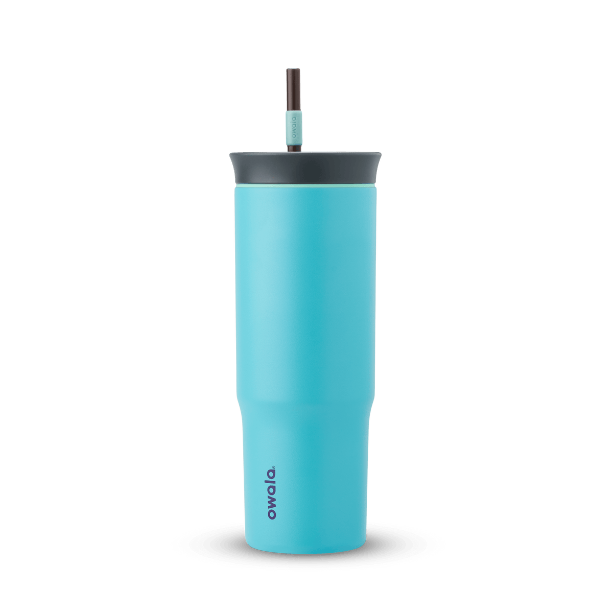 24oz Tumbler in Splash Zone; matte aqua-cyan insulated tumbler with dark slate-gray lid and dark brown straw with light mint grip, Owala wordmark on front